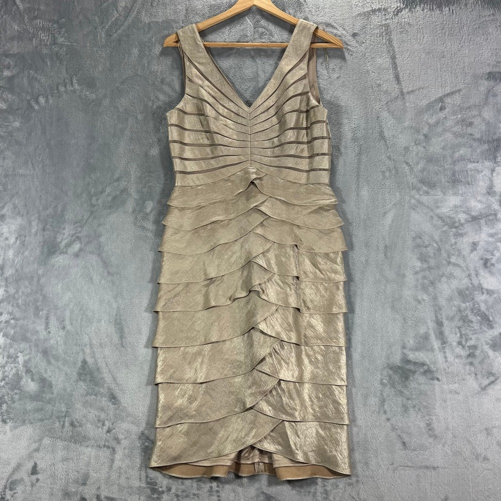 ADRIANNA PAPELL Cocktail Dress Womens 8 Gold Metallic Ruffled‎ Mesh